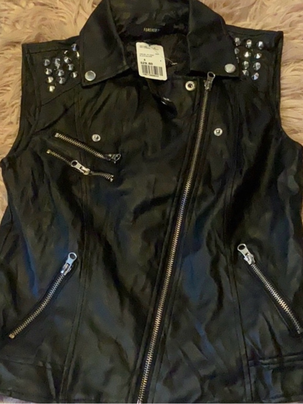 Forever 21 Black Studded Faux Leather Moto-Style Vest